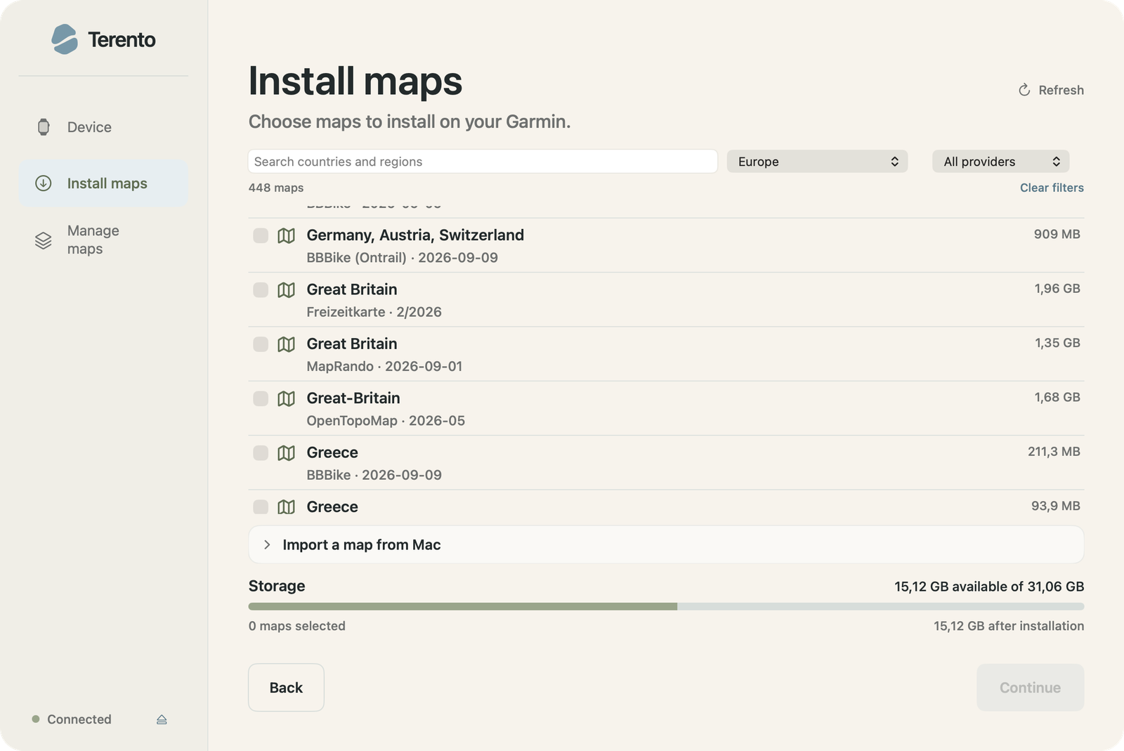 Terento showing third-party map providers and regions on macOS