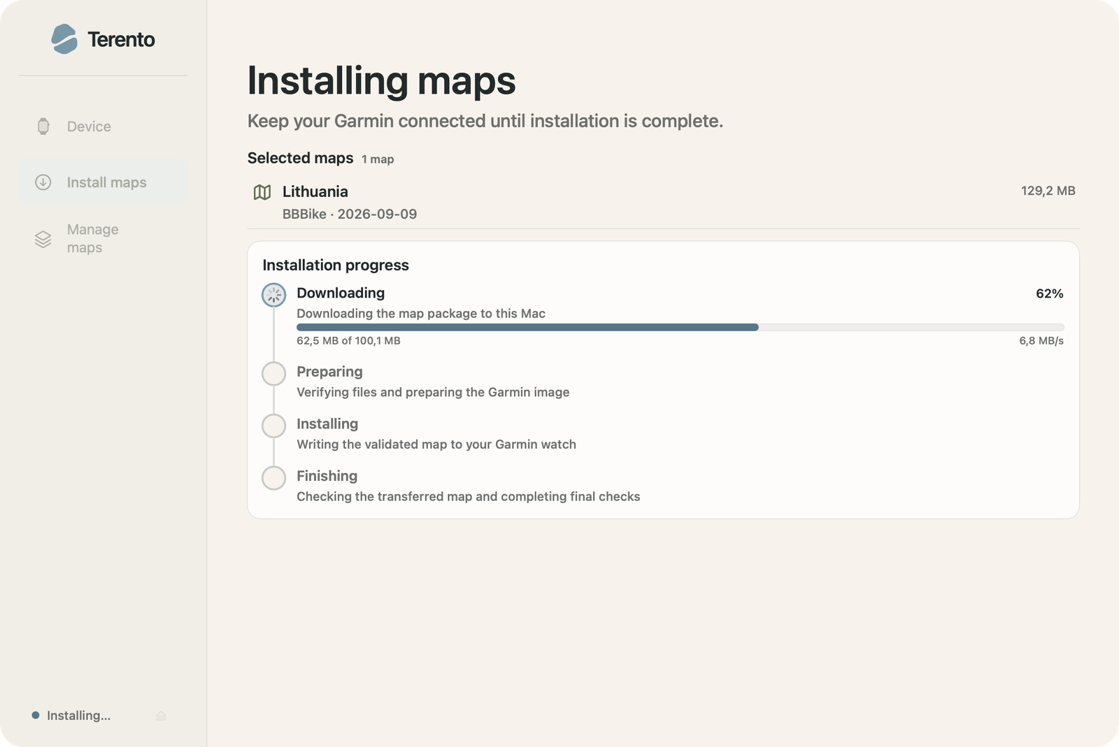 Terento showing community map installation progress on macOS