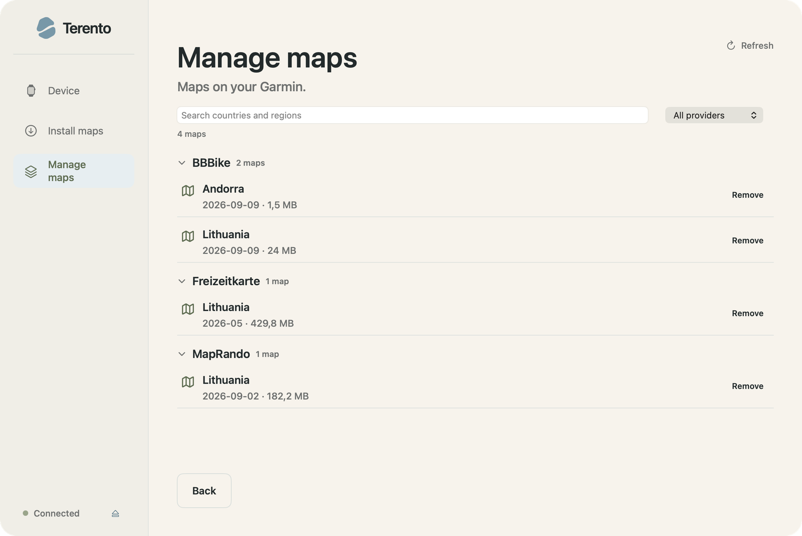 Terento showing installed third-party maps grouped by provider