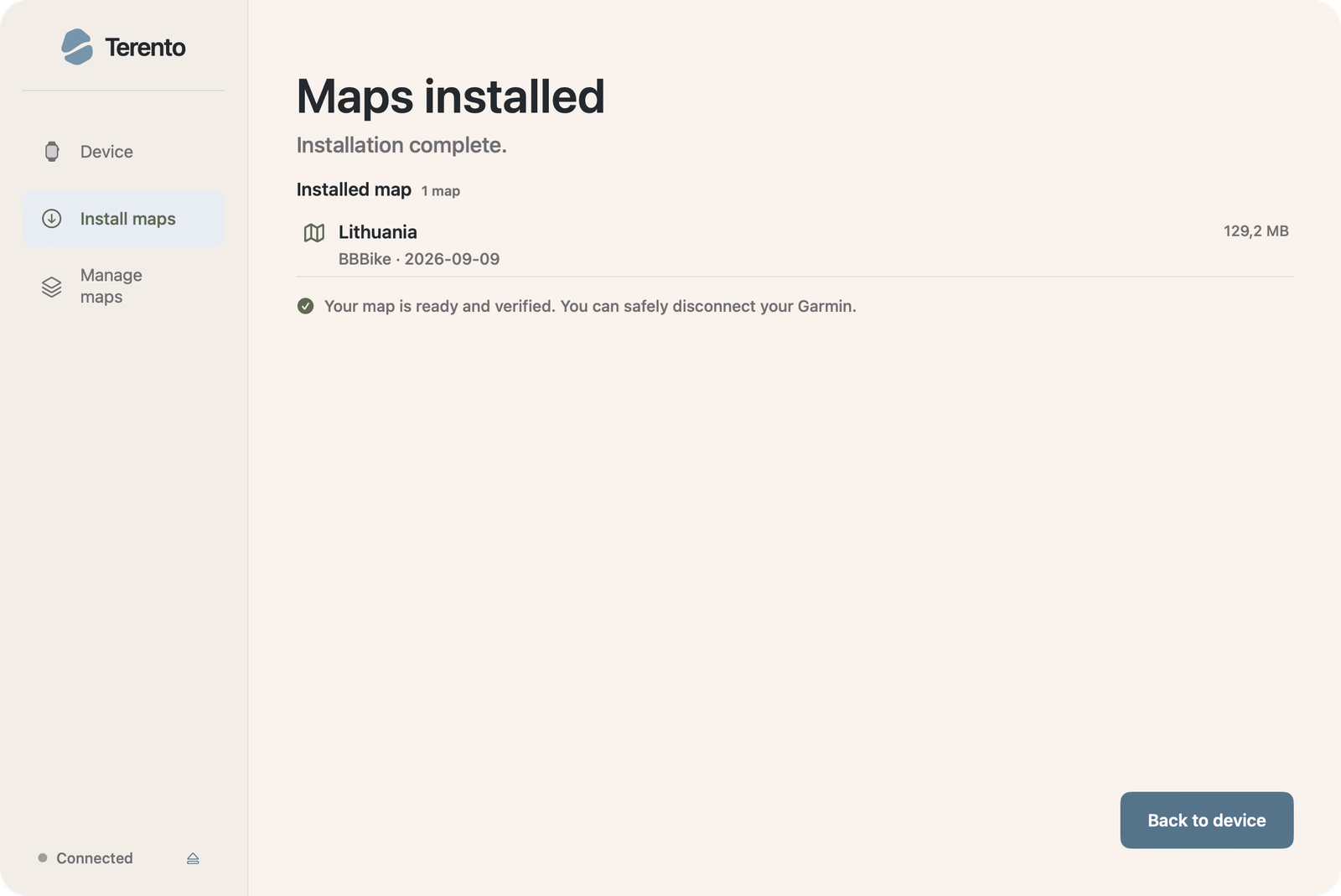 Terento pokazuje ukończoną instalację mapy na zegarku Garmin
