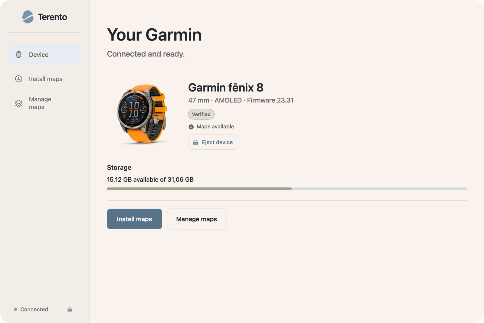 Terento pokazuje podłączony zegarek Garmin i stan wykrywania