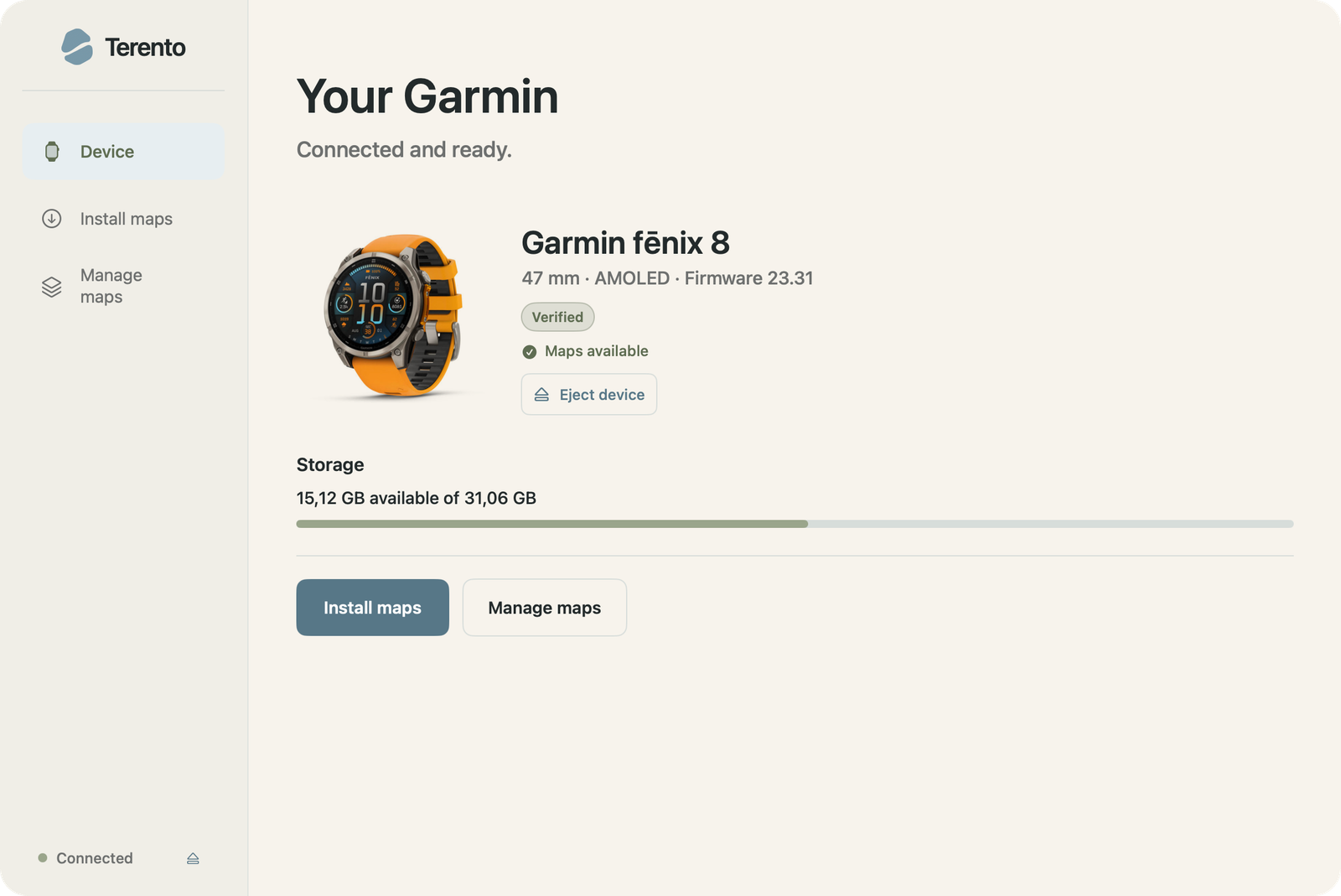 Terento zeigt eine verbundene Garmin-Uhr unter macOS